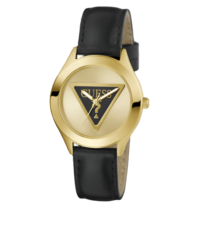 Guess Tri Plaque Gold Black Leather Strap Watch GW0744L2
