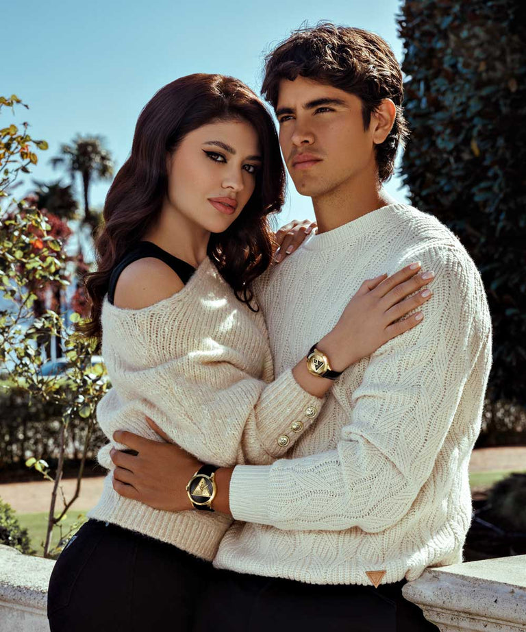 Guess Tri Plaque Gold Black Leather Strap Watch GW0744L2