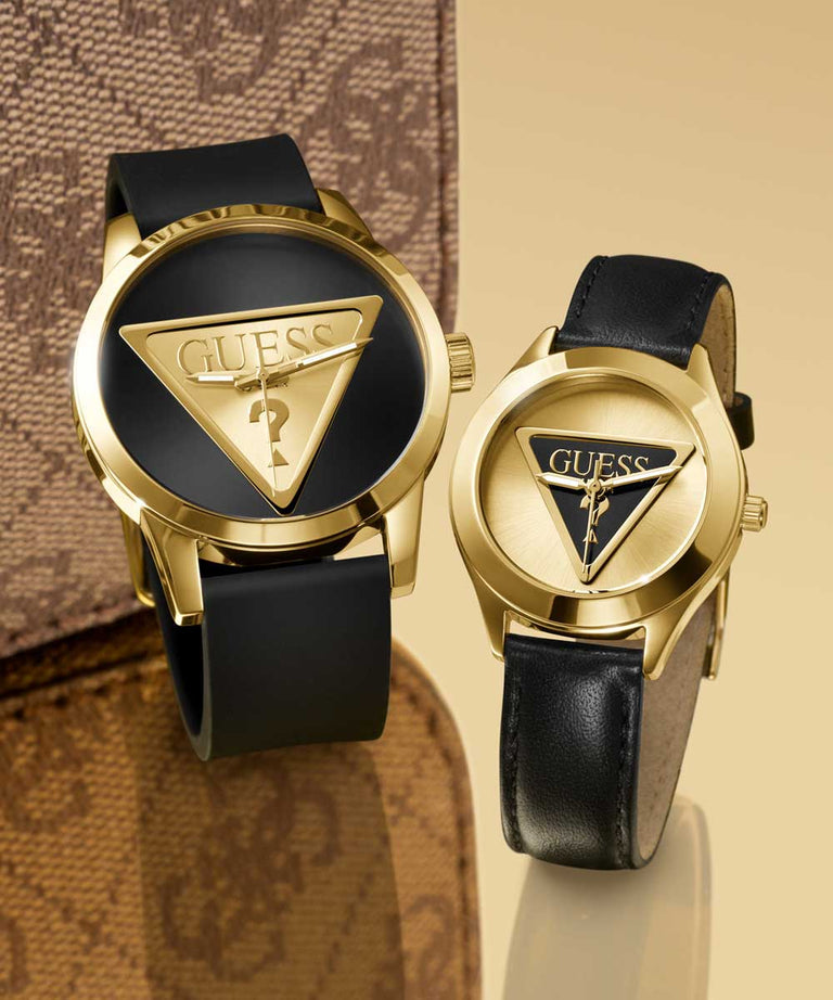 Guess Tri Plaque Gold Black Leather Strap Watch GW0744L2