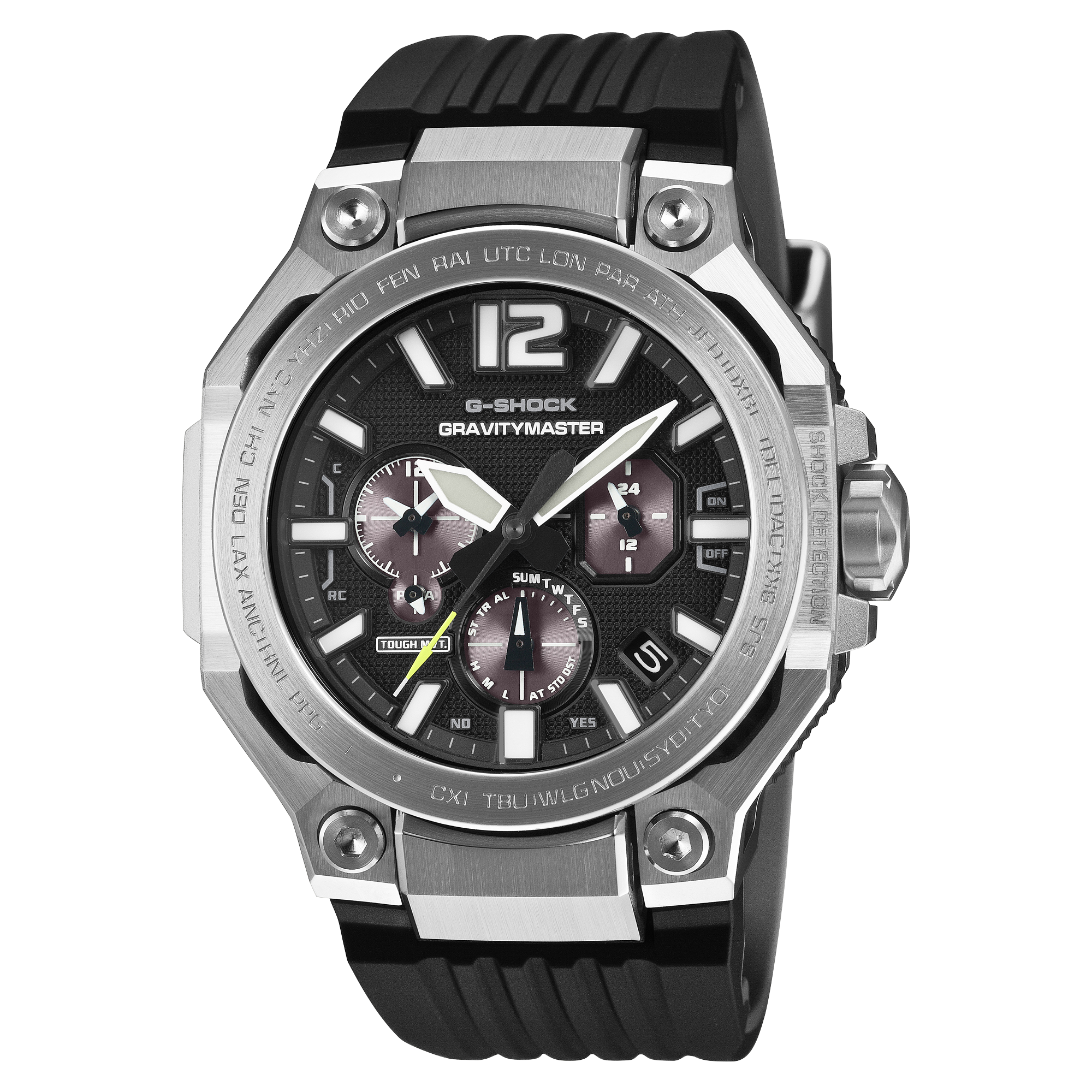 G-Shock Gravitymaster GWRB3000-1A black dial with silver bezel on a black resin band, shown straight on.