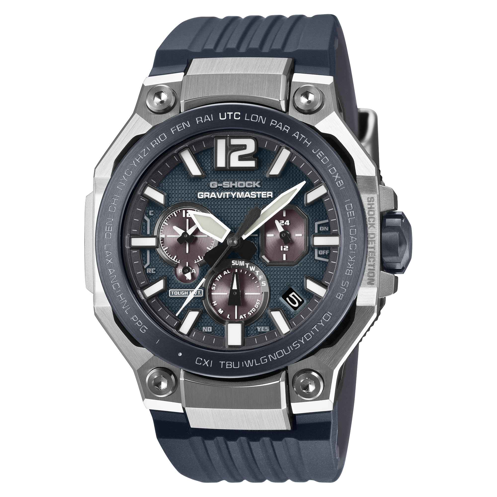 G-Shock Gravitymaster GWRB3000A-2A blue dial and bezel on a blue resin band, shown straight on.