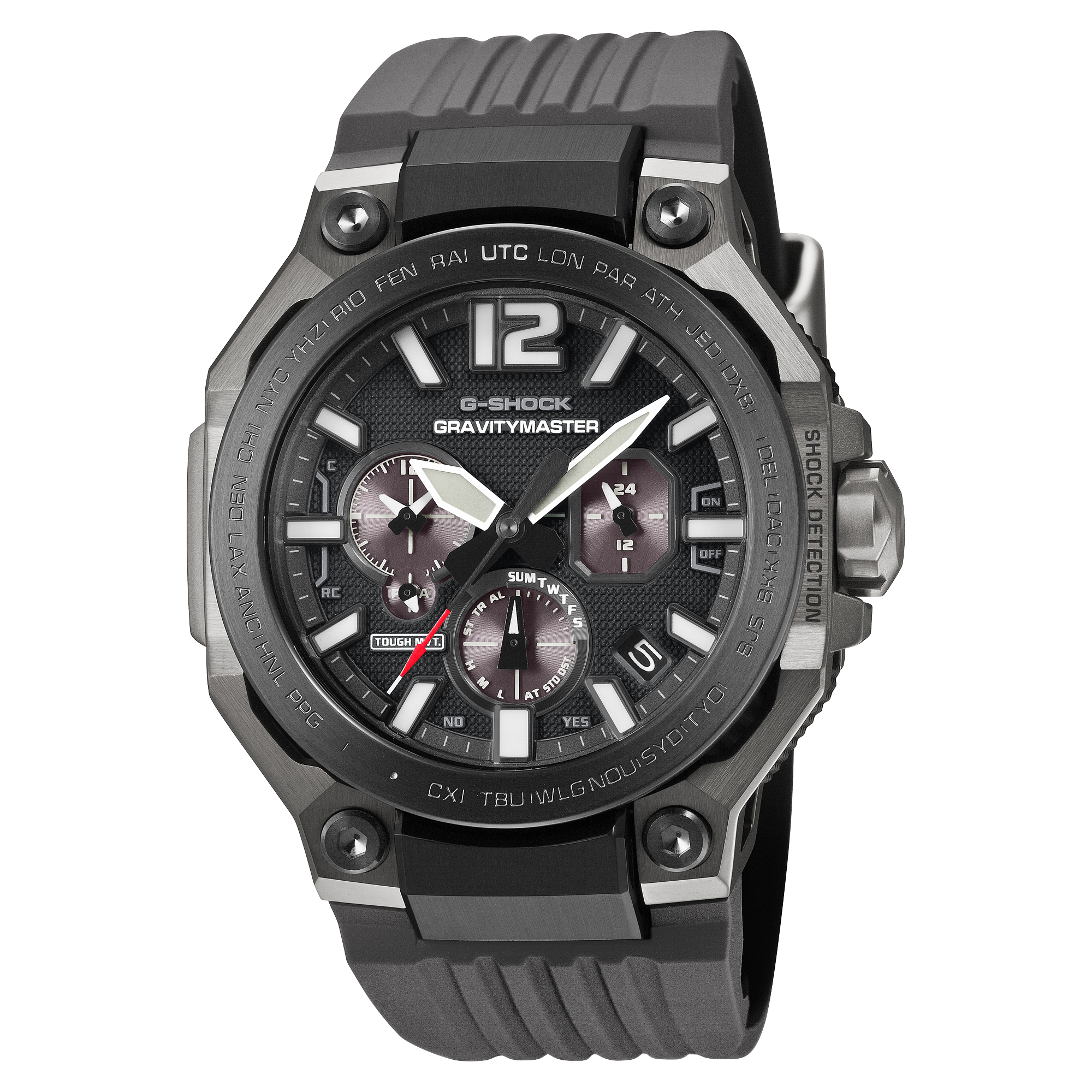 G-Shock Gravitymaster GWRB3000B-8A grey dial and bezel on a grey resin band, shown straight on.