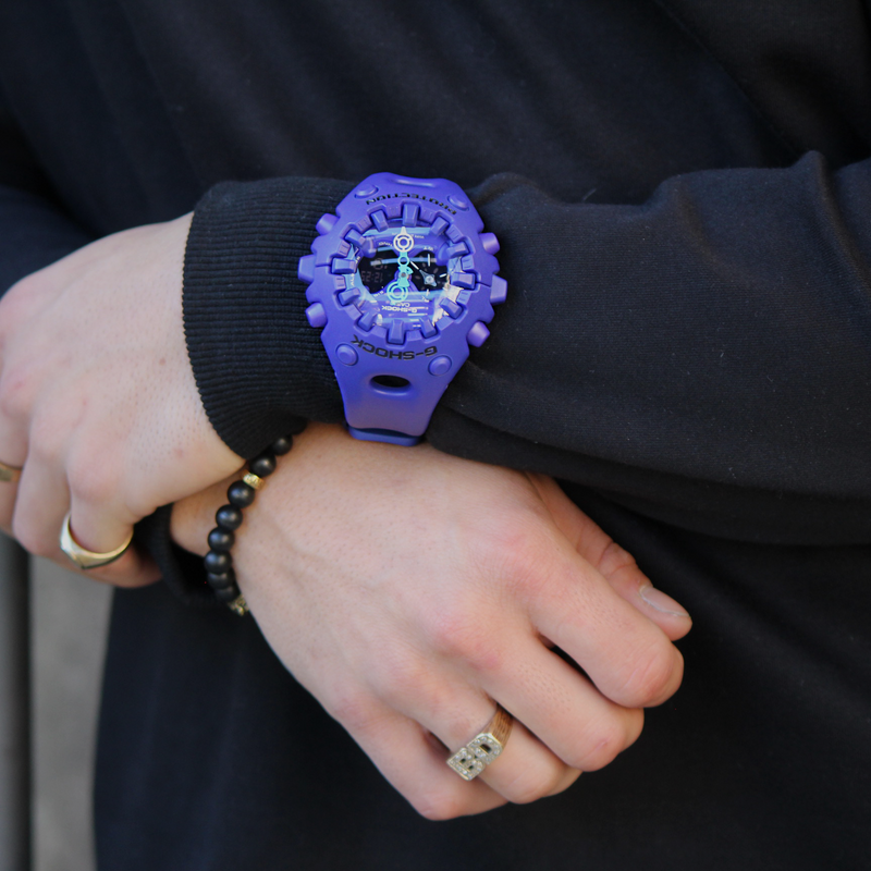 Wrist shot of G-Shock Ultimate Toughness Purple Watch GAV01-2A featuring bold design and rugged G-SHOCK build.