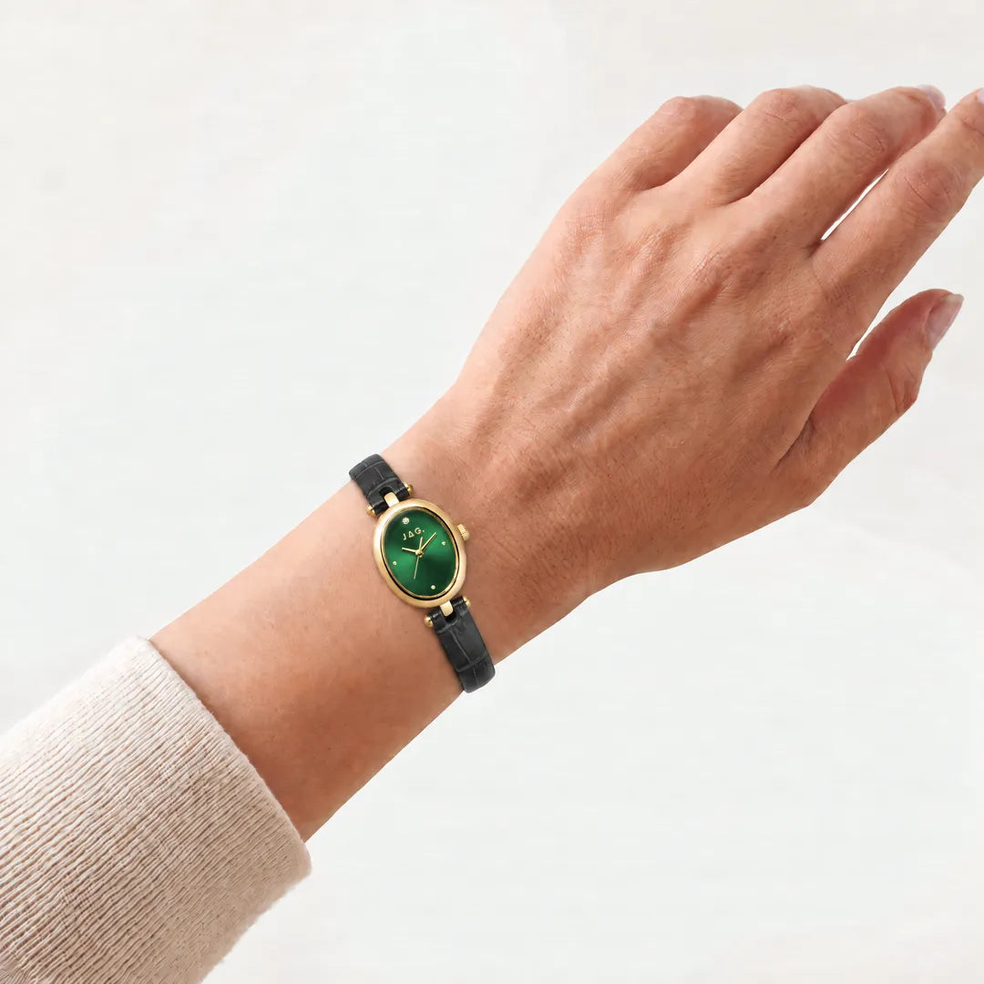 Jag Emilie Green Dial Black Leather Womens Watch J3073 worn on the wrist