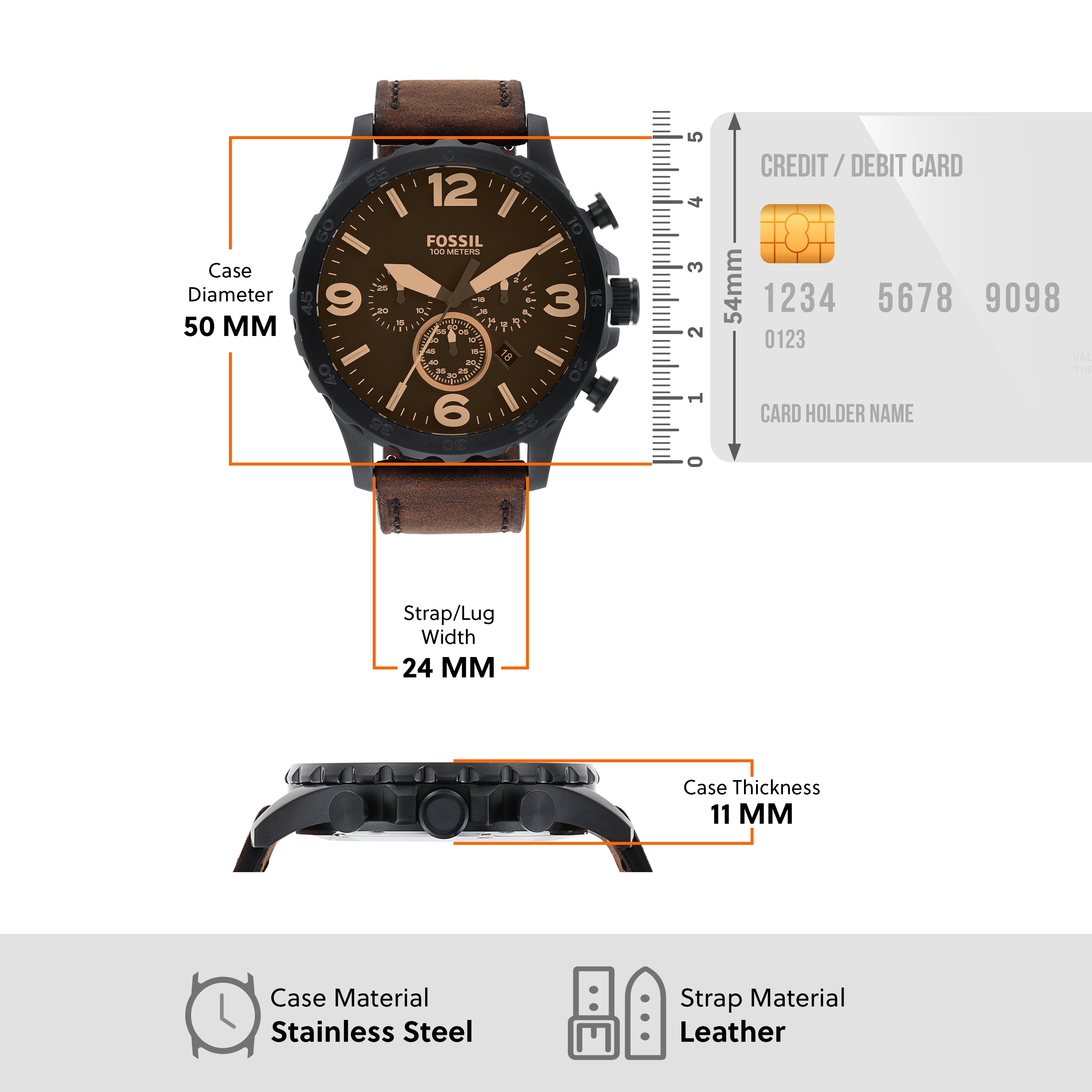 Fossil Timeless Fossil Nate Chronograph Watch with Brown Leather Strap