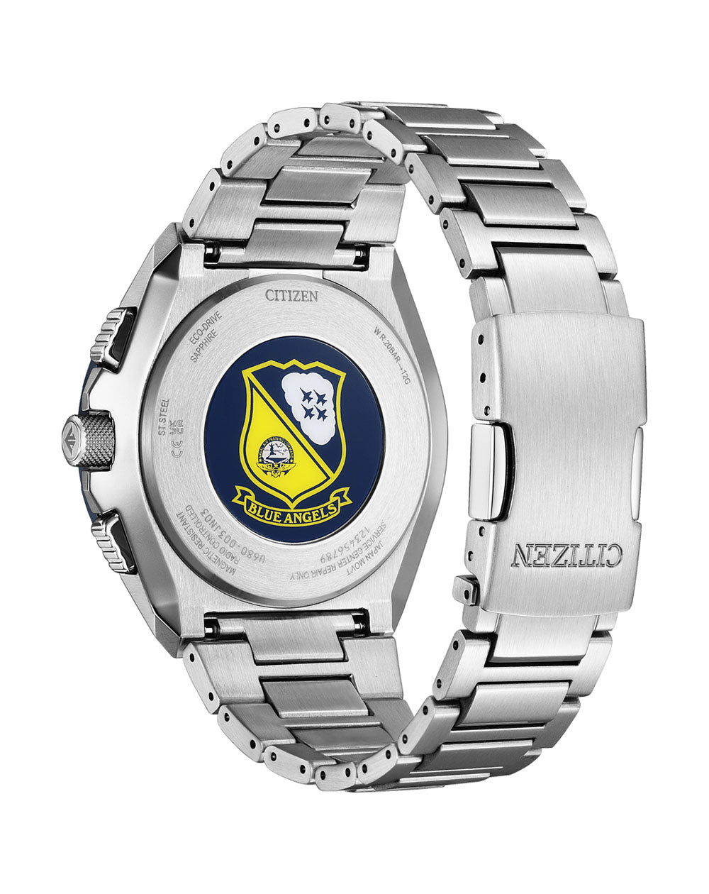 Stainless steel wristwatch with a military-style emblem on its back.