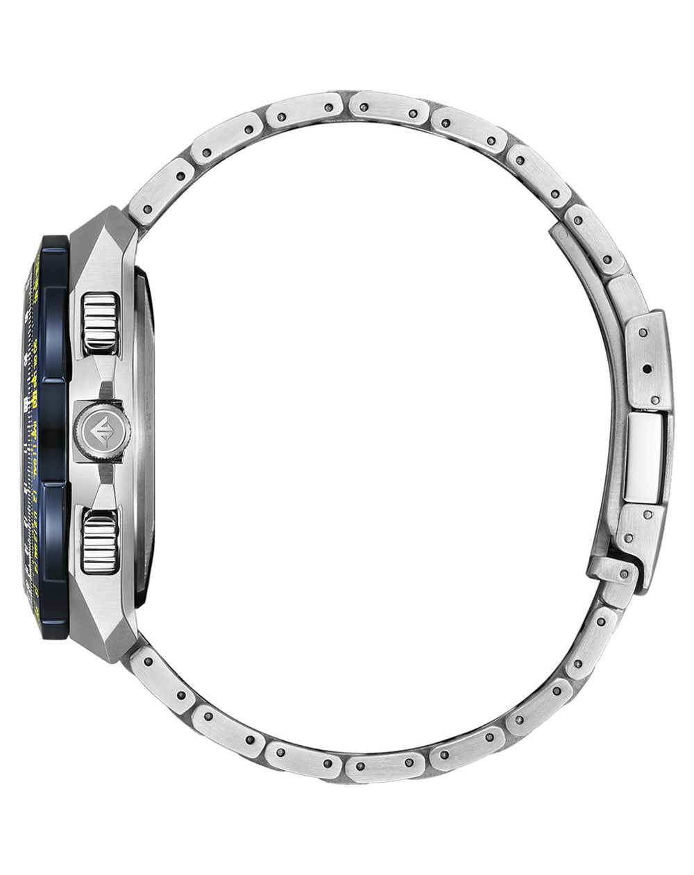Stainless steel wristwatch with a blue bezel and metallic link bracelet.