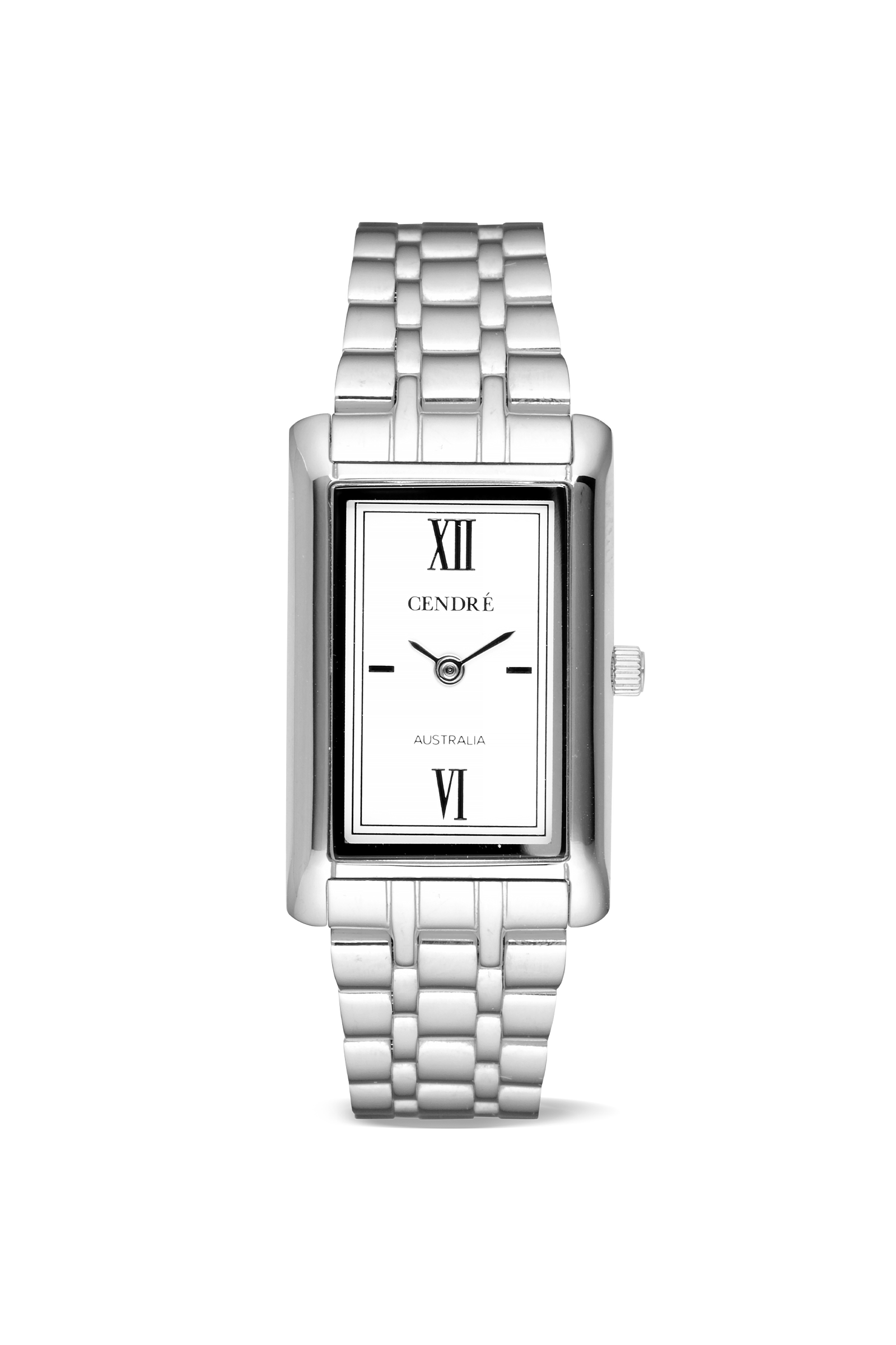 Cendré Kelly silver watch with white Roman numeral dial on a white background
