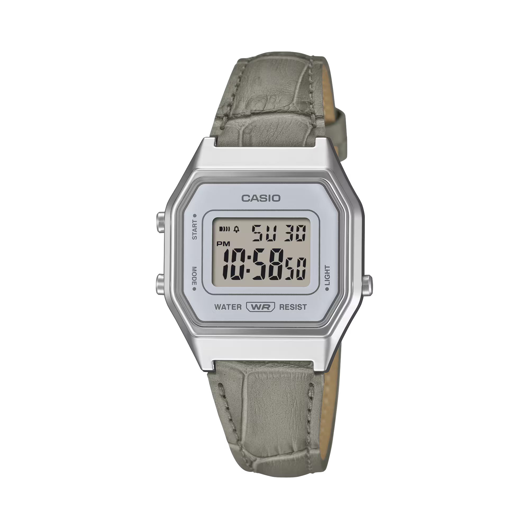 Casio Retro Digital Silver Case Grey Leather Band Watch LA680WEL-8A2