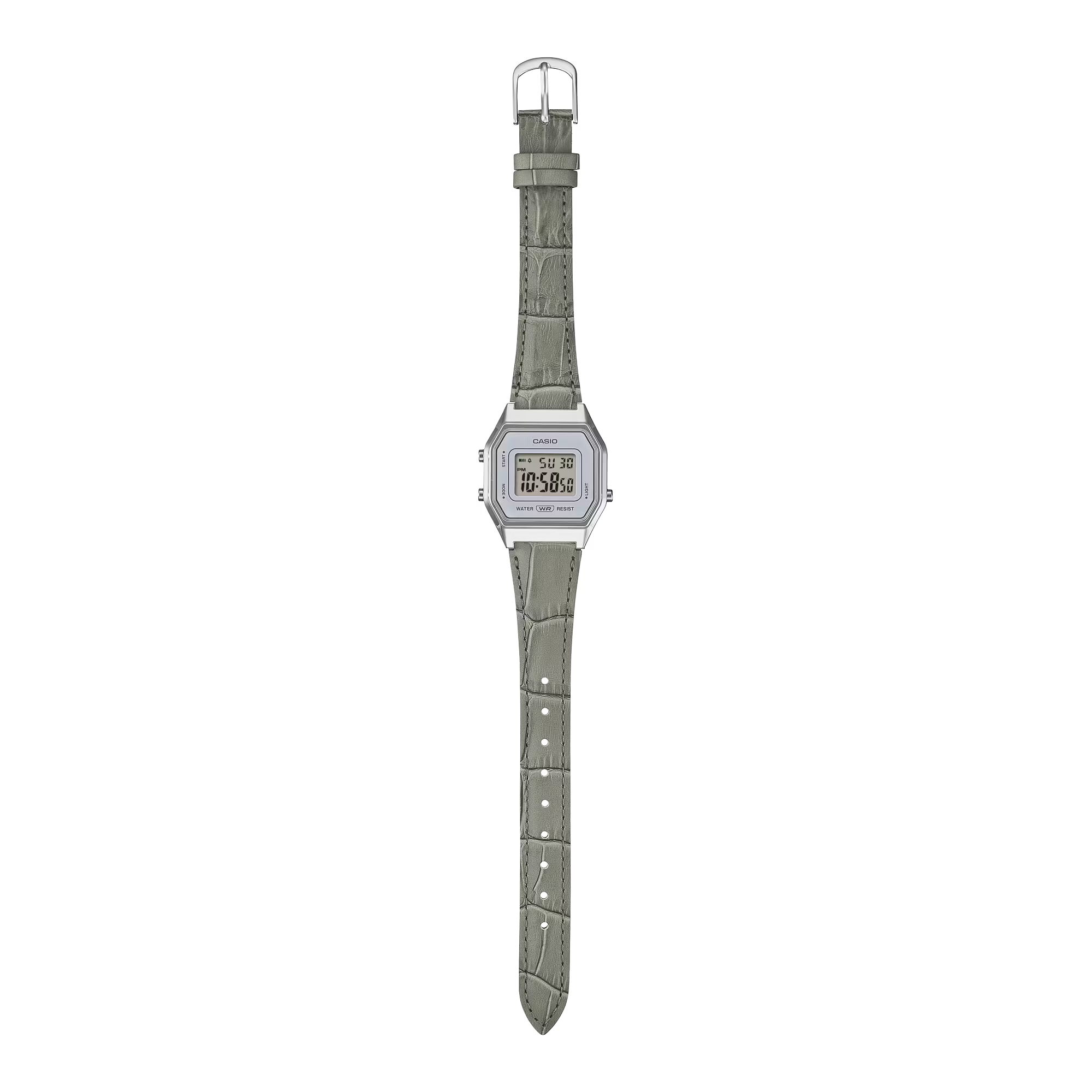 Casio Retro Digital Silver Case Grey Leather Band Watch LA680WEL-8A2