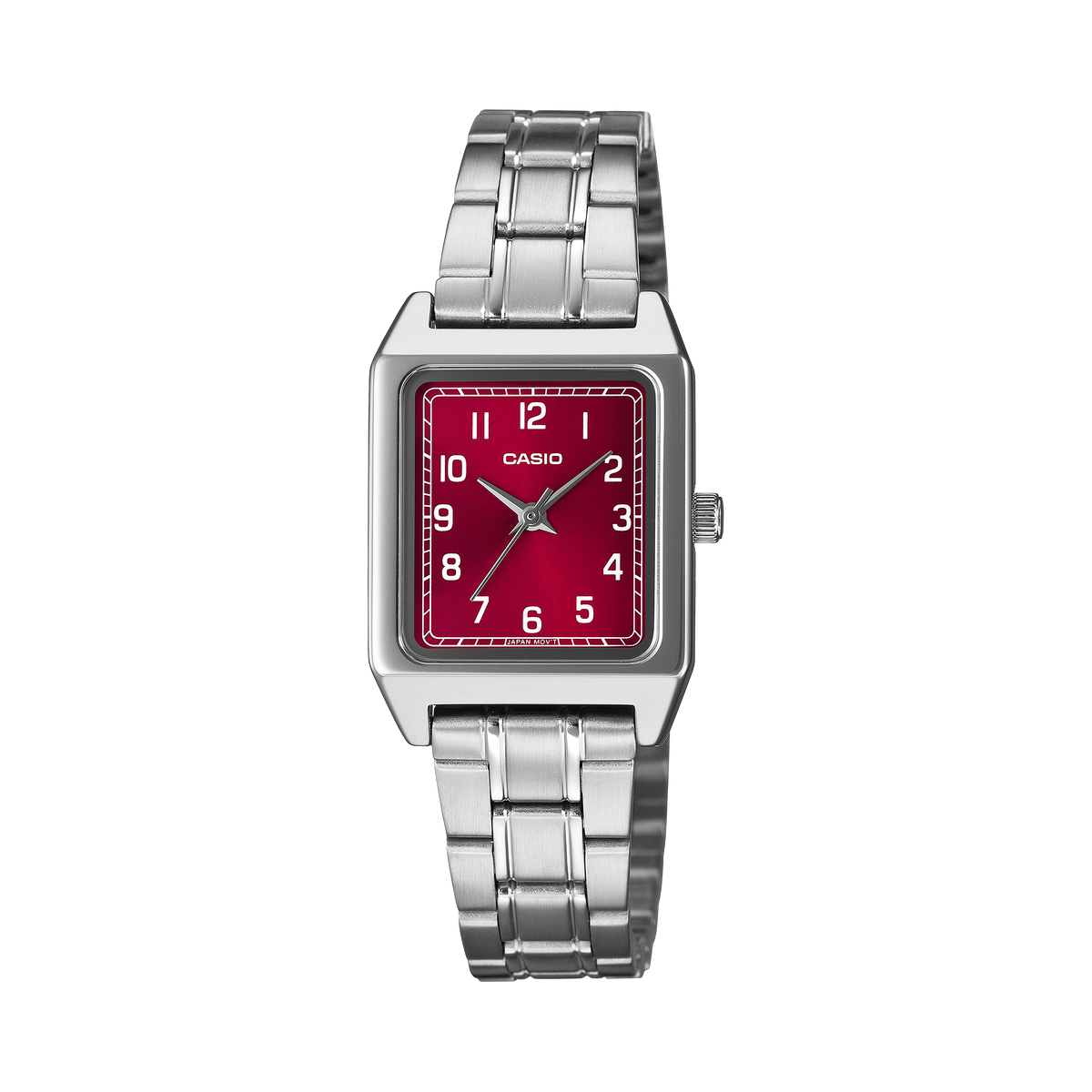 Casio LTP-B150DA-4B women's watch with a red dial and Roman numerals on a stainless steel band, front view