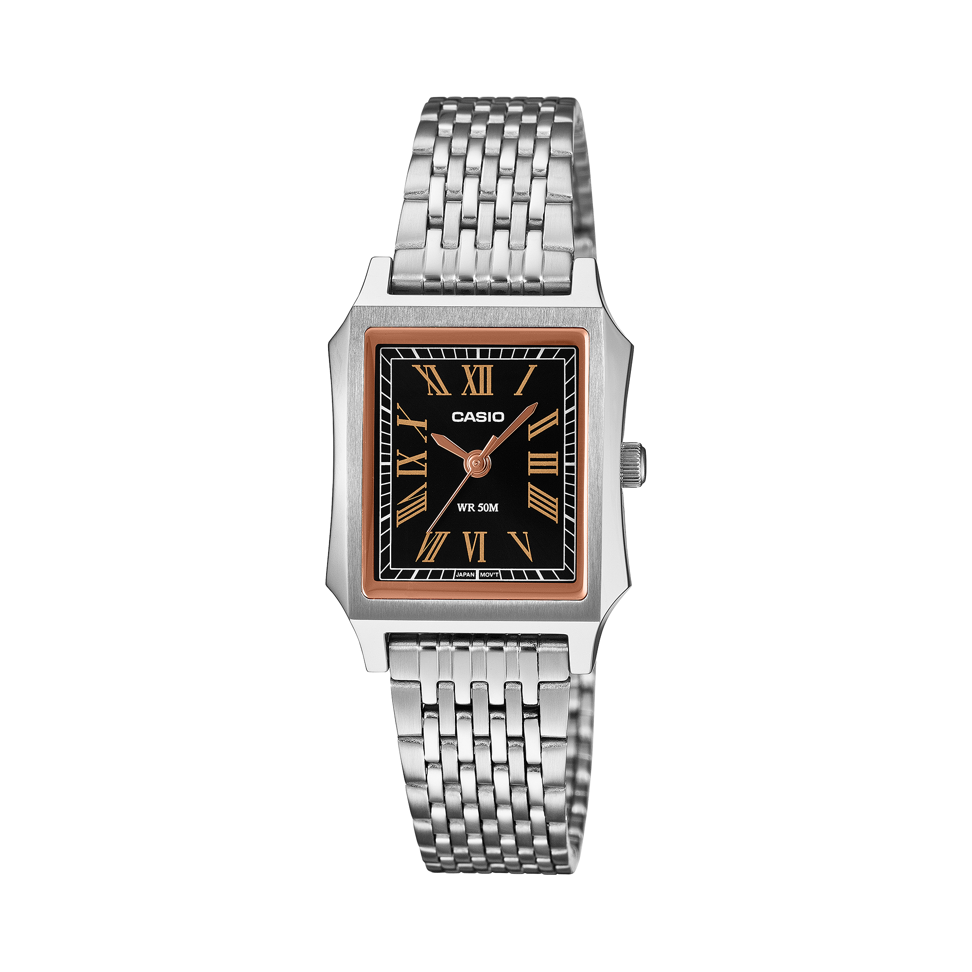 Casio LTP-B190D-1B black Roman numeral dial on a stainless steel bracelet, shown straight on.