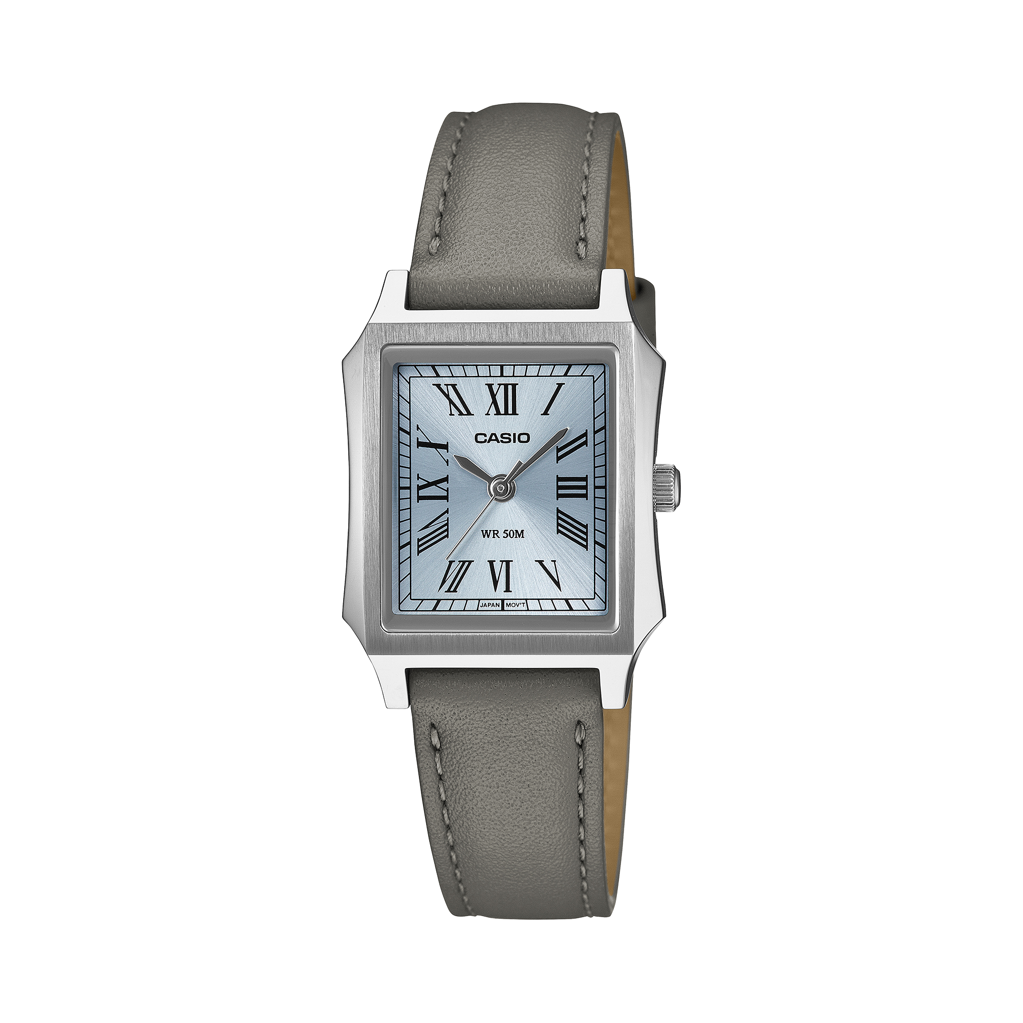 Casio LTP-B190L-2B blue Roman numeral dial on a leather strap, shown straight on.