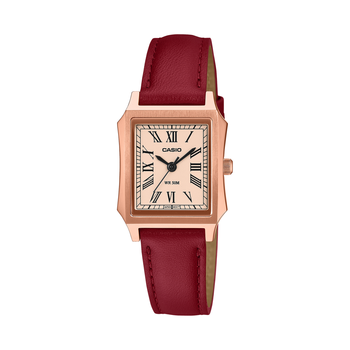 Casio LTP-B190RGL-4B rose gold dial on a red leather strap, shown straight on.