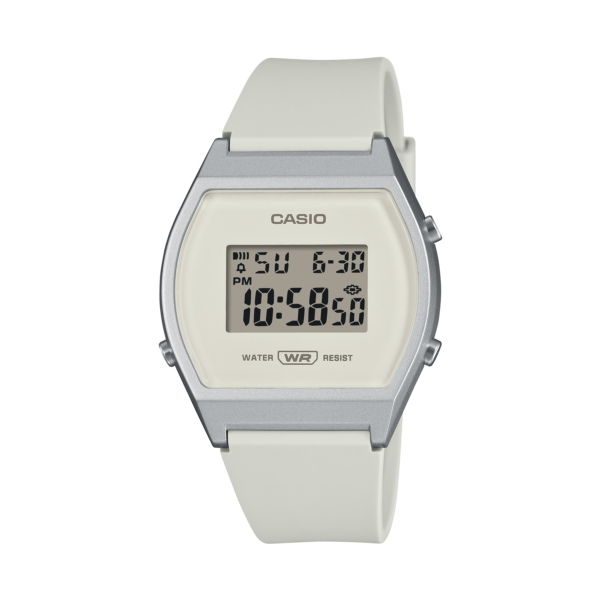 Casio digital wristwatch with a silver bezel and white resin band.