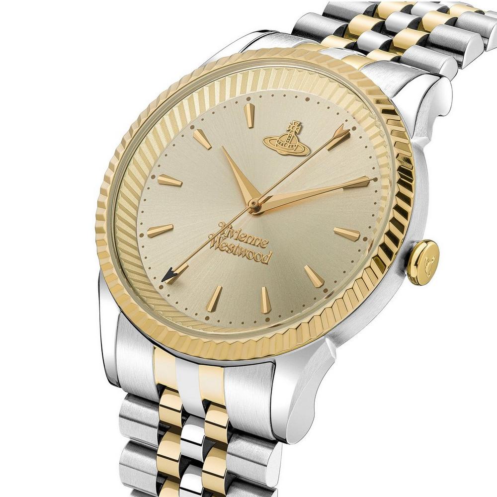 Vivienne Westwood Seymour women's watch with a champagne dial and two tone stainless steel bracelet. Side profile view.