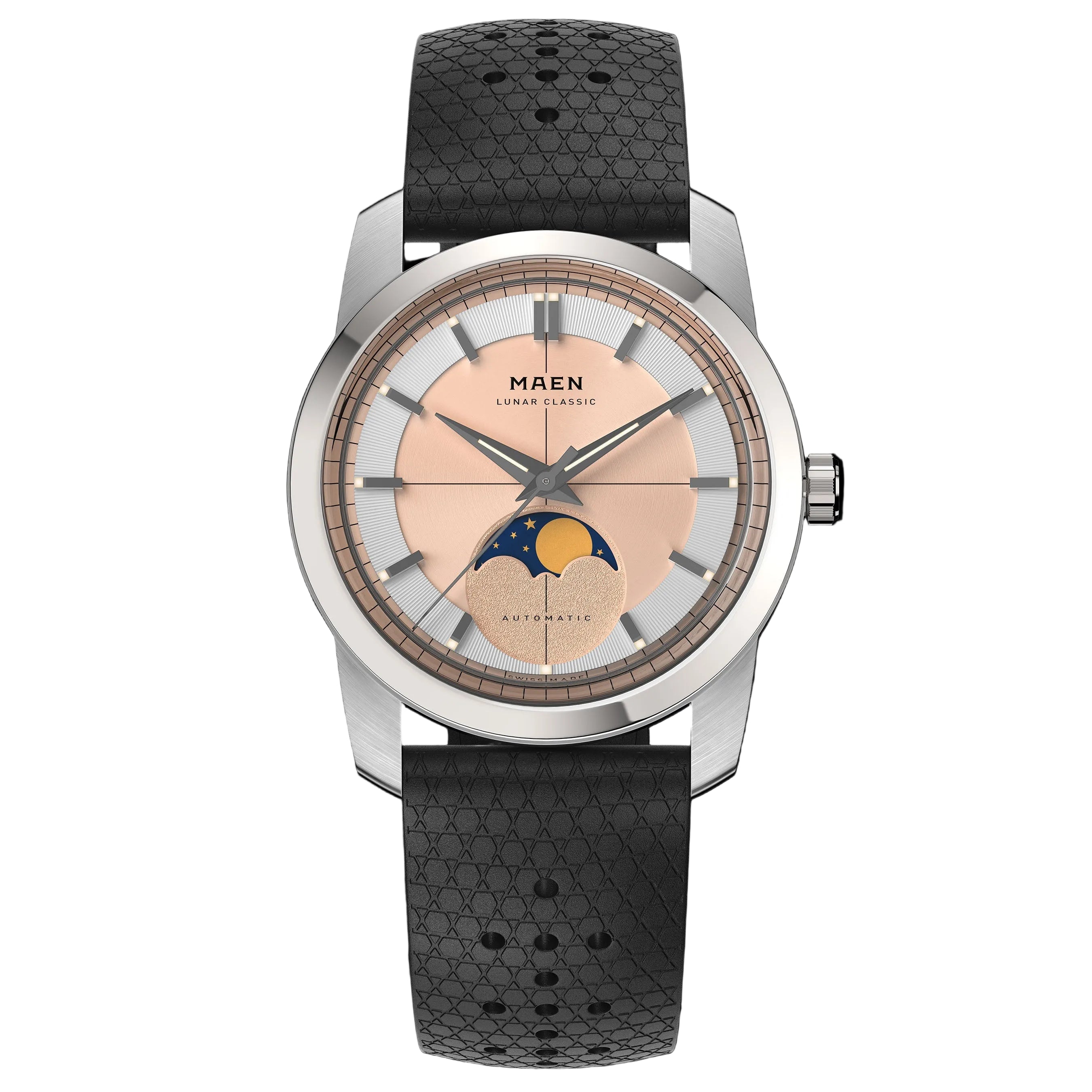 MAEN Lunar Classic 36 Salmon Dial Rubber Band Automatic Movement Watch M7.1.3