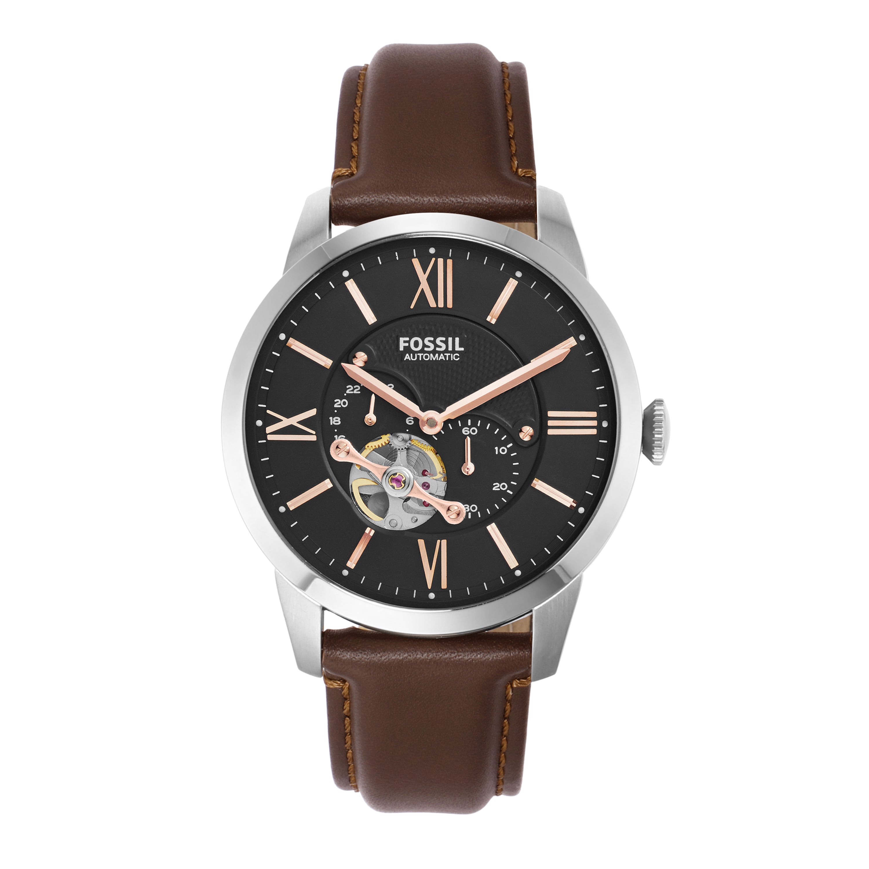 Fossil wristwatch with a brown leather strap and black dial featuring rose gold accents.