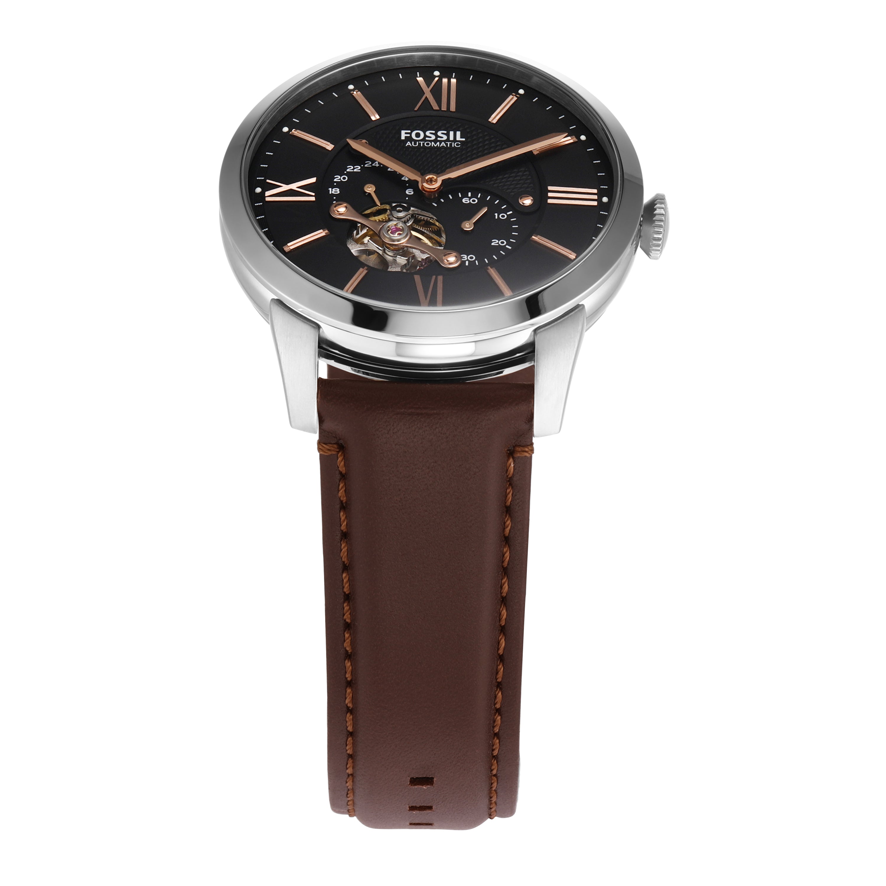 Wristwatch with a brown leather strap and black dial featuring Roman numerals.