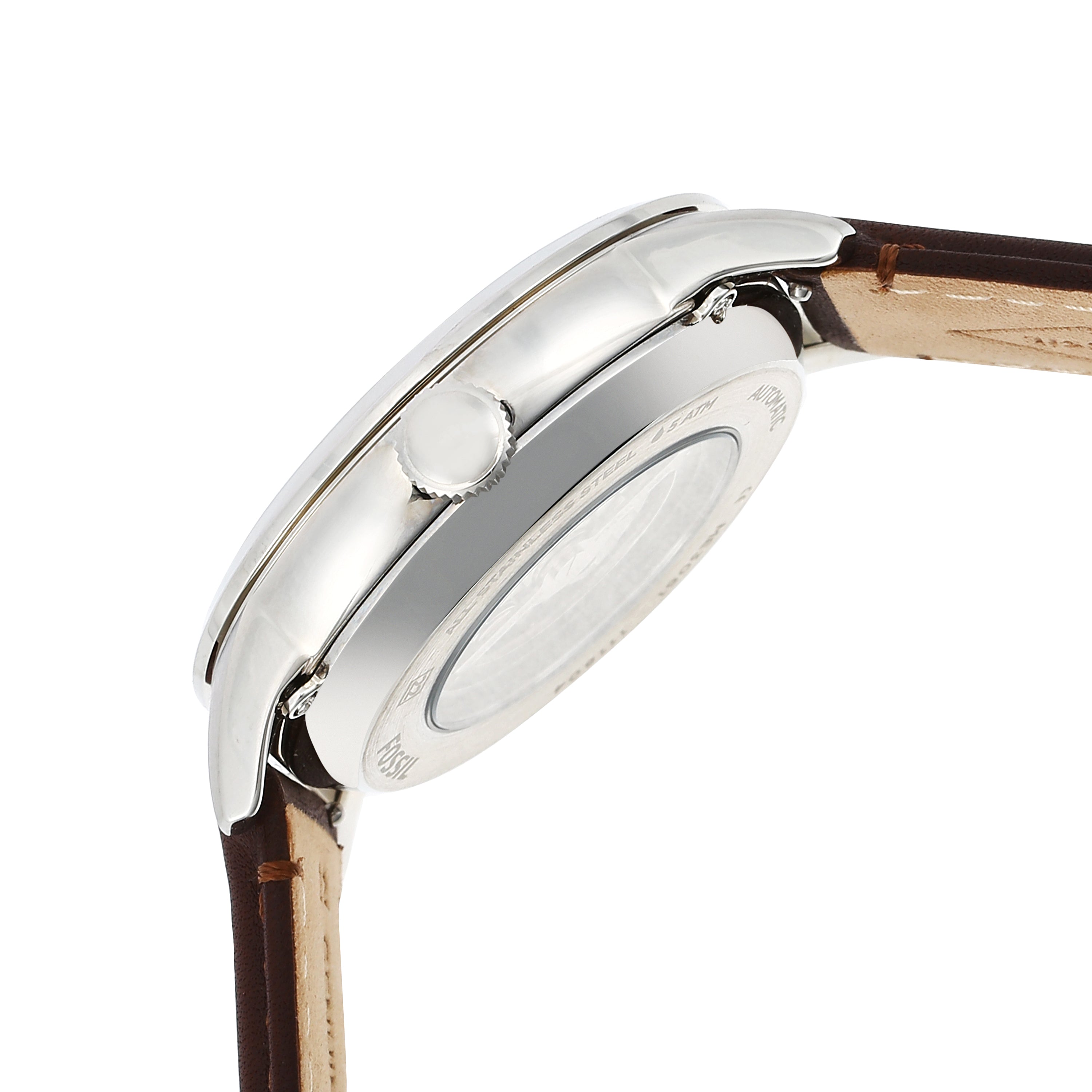 Side view of a wristwatch with a silver case and brown leather strap.