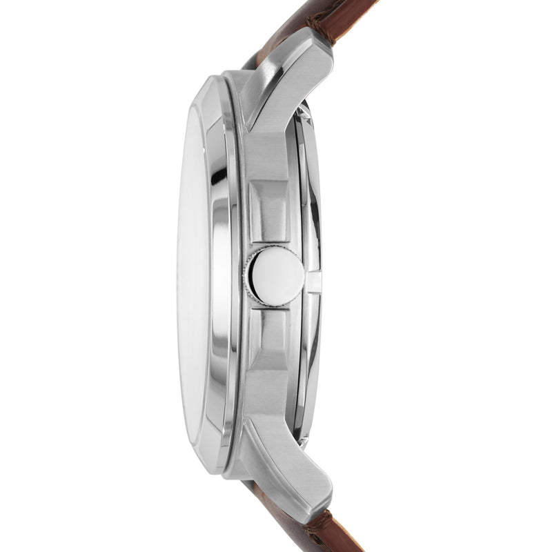 Side view of a wristwatch with a silver case and brown leather strap.