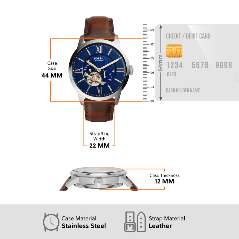 Fossil Townsman Mechanical Watch with Blue Dial and Brown Leather Strap ME3110