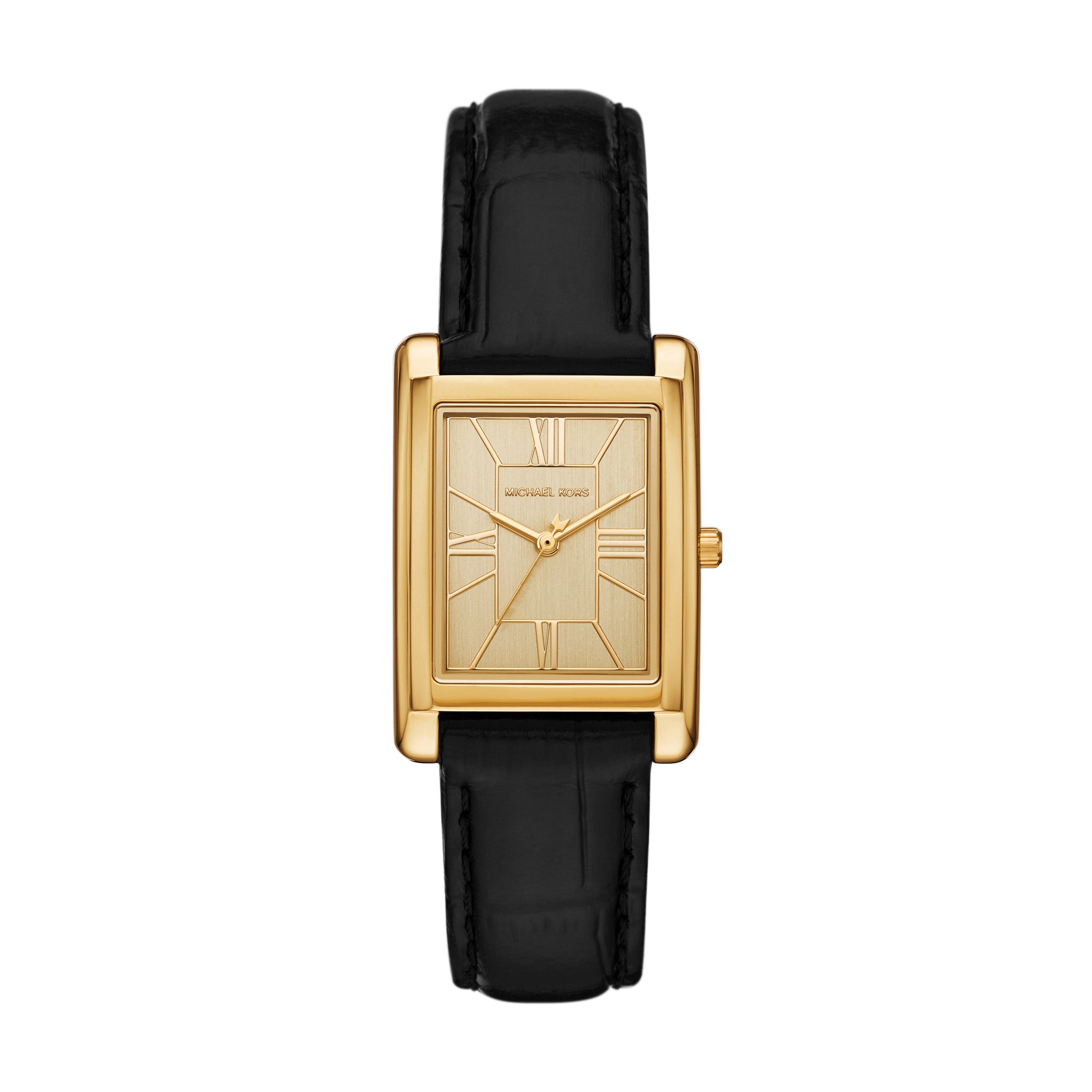 Michael Kors Essex Gold Dial Black Leather Strap Watch MK4965