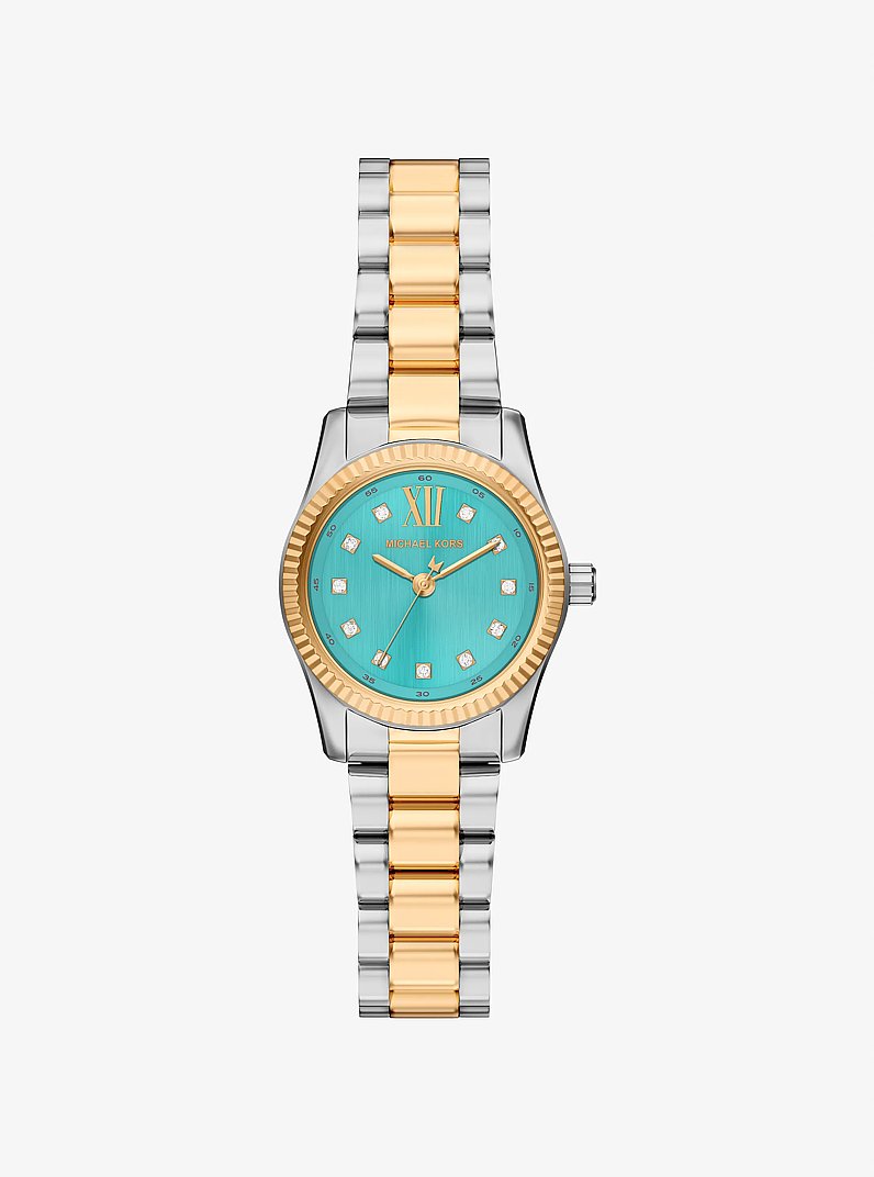 Michael Kors Petite Lexington MK7579 turquoise dial on a two-tone stainless steel bracelet, shown straight on.