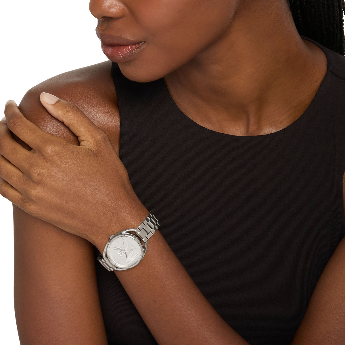 Michael Kors Leia Silver Logo MK7678 on the wrist