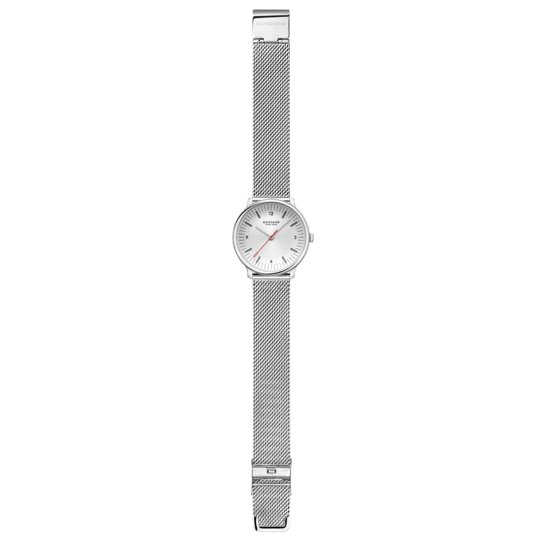 Mondaine Doppio White Dial Silver Mesh Bracelet Watch MLE.33110.SM