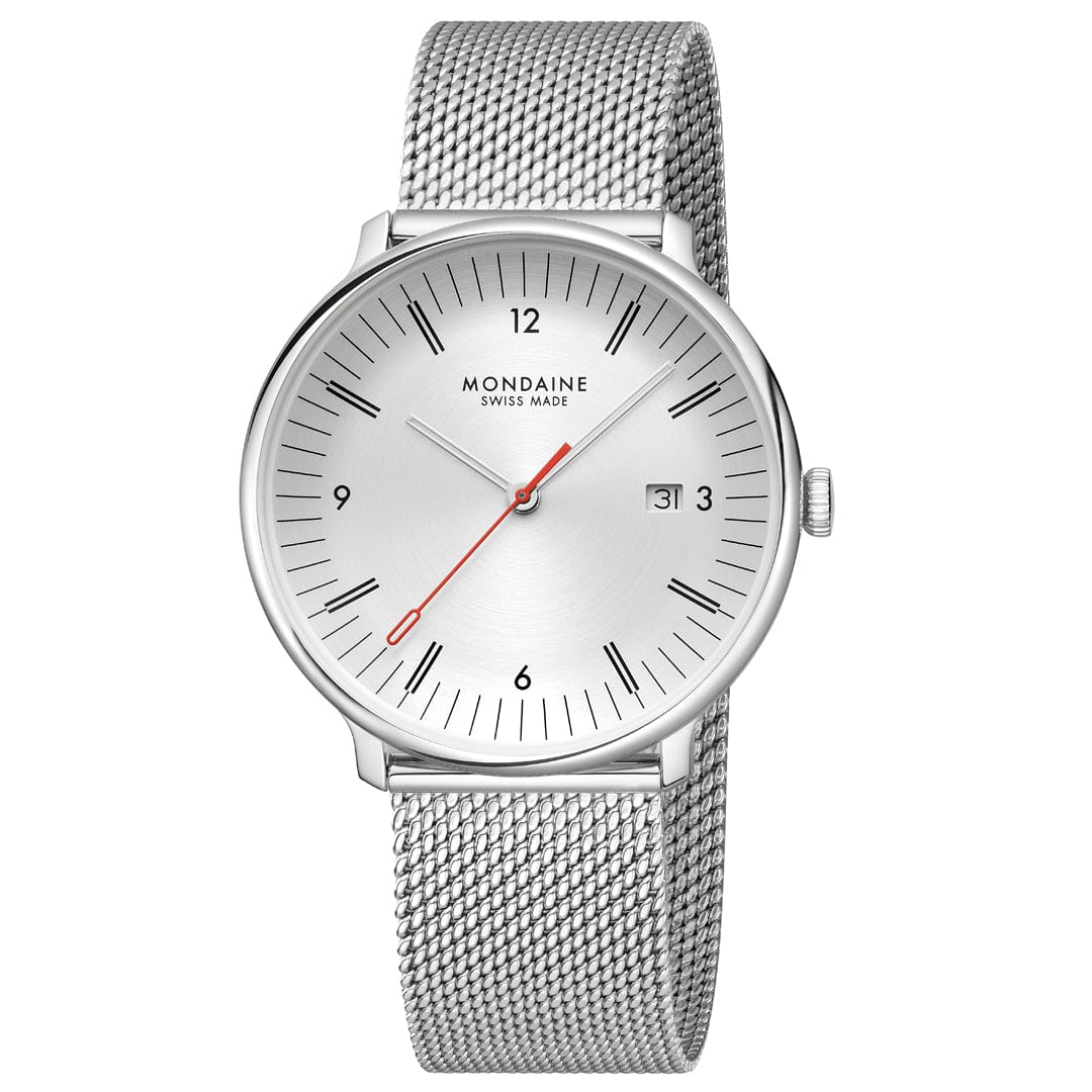 Mondaine Doppio 41mm White Dial Silver Mesh Bracelet Watch MLE.41210.SM