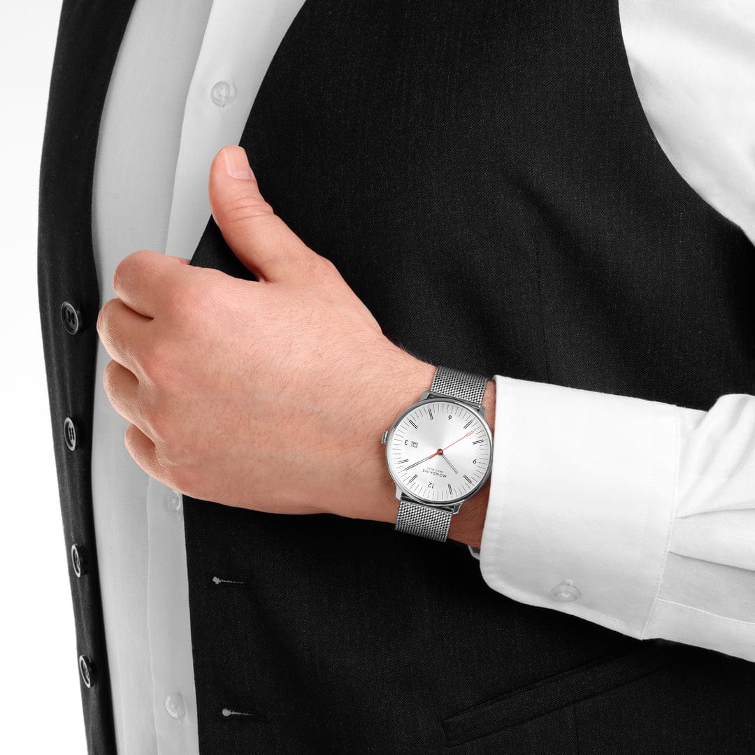 Mondaine Doppio 41mm White Dial Silver Mesh Bracelet Watch MLE.41210.SM