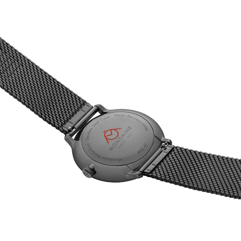 Mondaine Doppio 41mm Black Dial Black Mesh Bracelet Watch MLE.41220.SM