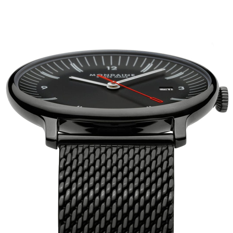 Mondaine Doppio 41mm Black Dial Black Mesh Bracelet Watch MLE.41220.SM