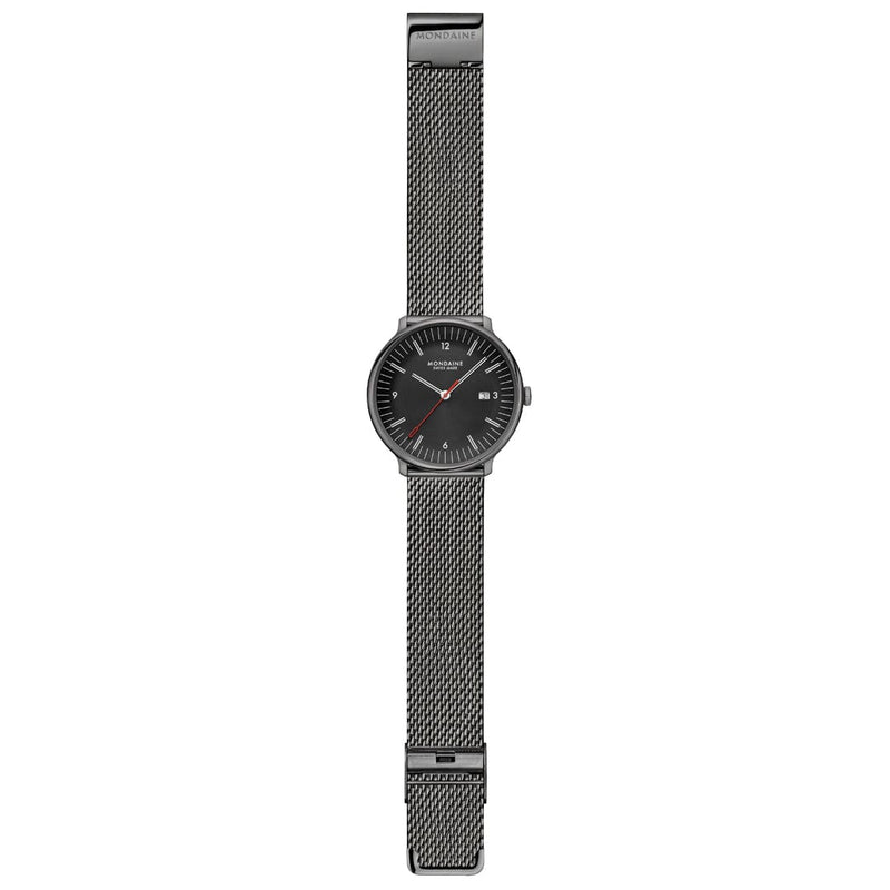 Mondaine Doppio 41mm Black Dial Black Mesh Bracelet Watch MLE.41220.SM