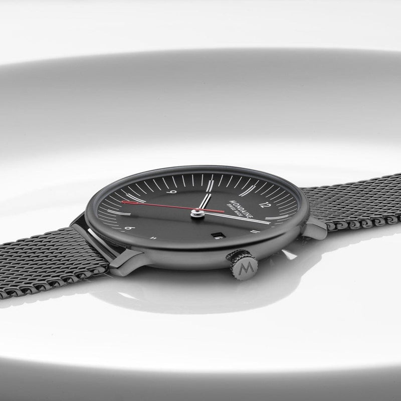 Mondaine Doppio 41mm Black Dial Black Mesh Bracelet Watch MLE.41220.SM