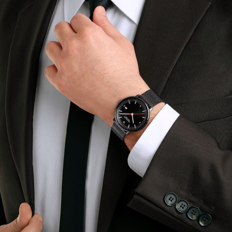 Mondaine Doppio 41mm Black Dial Black Mesh Bracelet Watch MLE.41220.SM