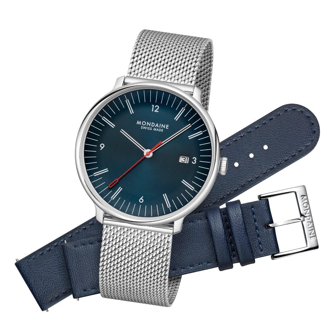 Mondaine Doppio Blue Dial Mesh Blue Vegan Leather Watch MLE.41240.LQV.SET
