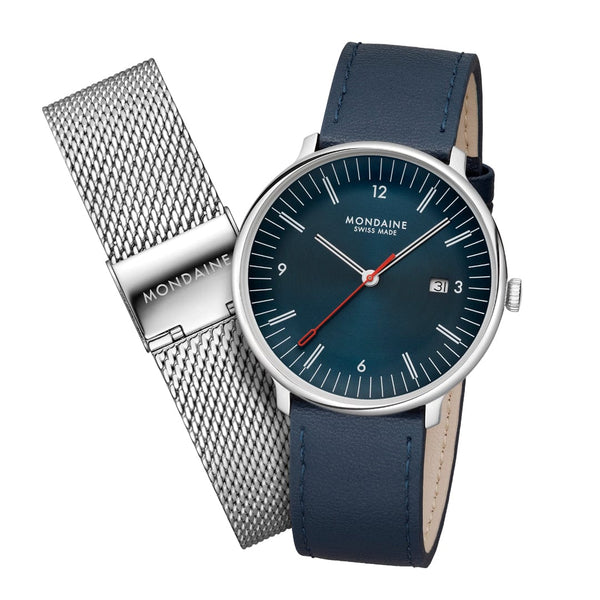 Mondaine Doppio Blue Dial Mesh Blue Vegan Leather Watch MLE.41240.LQV.SET