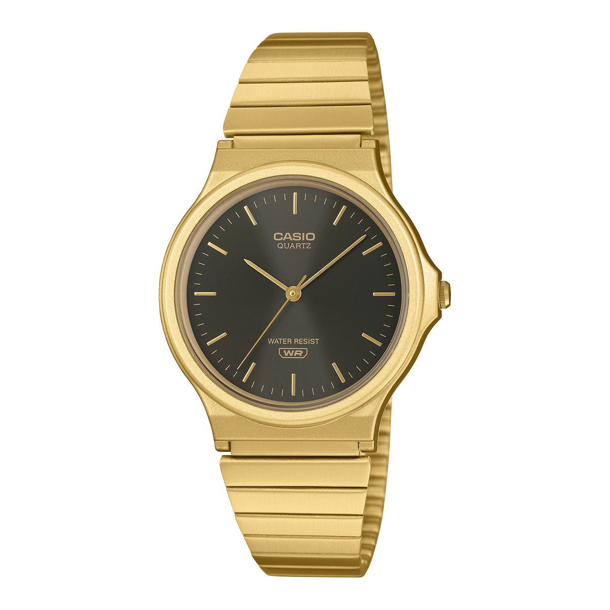 Casio analogue wristwatch with a black dial and gold-tone stainless steel band.