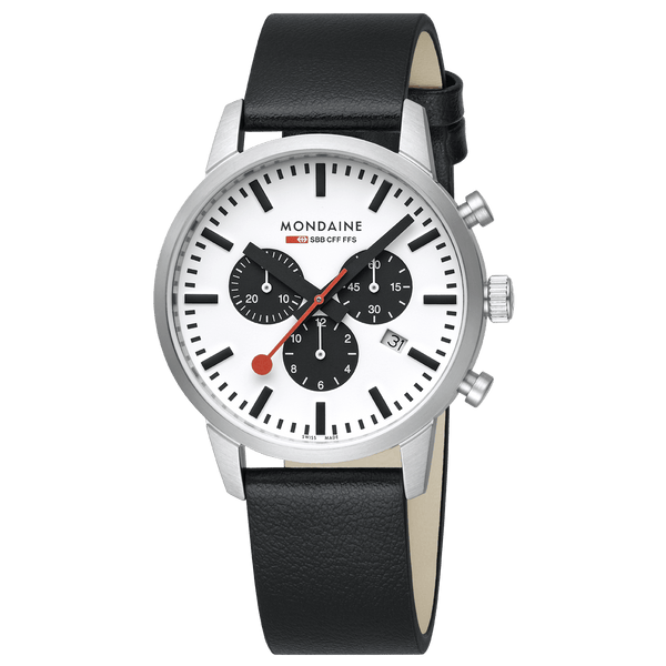 Sleek wristwatch with a white dial, black subdials, and a black leather strap.