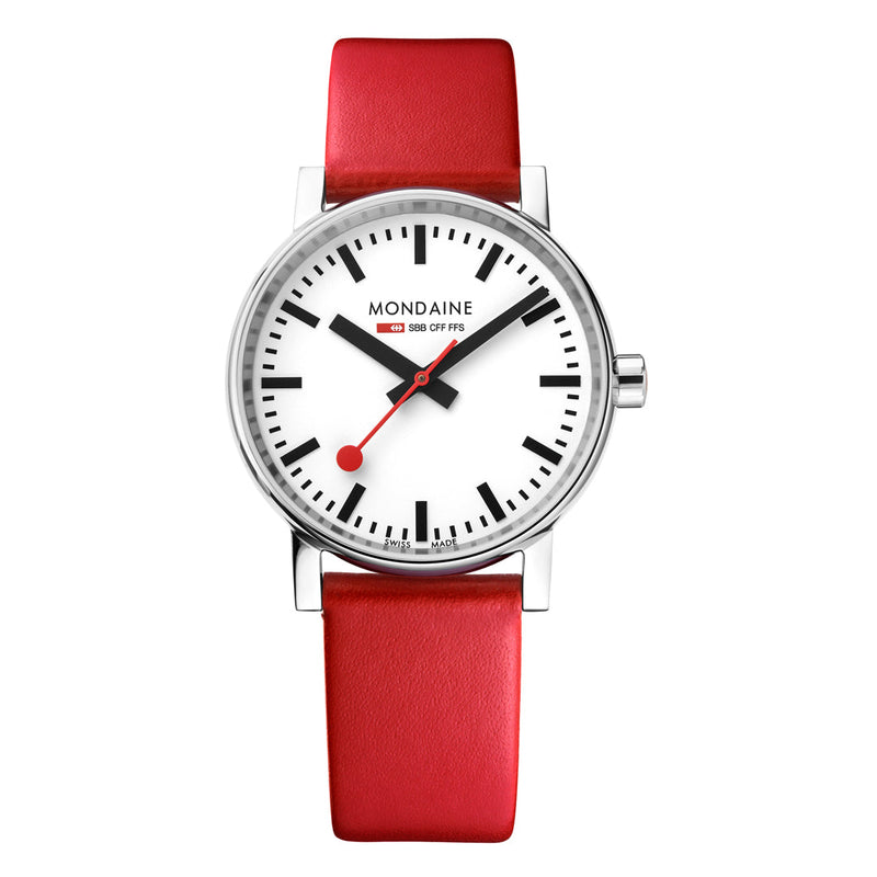 Red-strapped wristwatch with a white dial and silver case displaying the Mondaine brand.