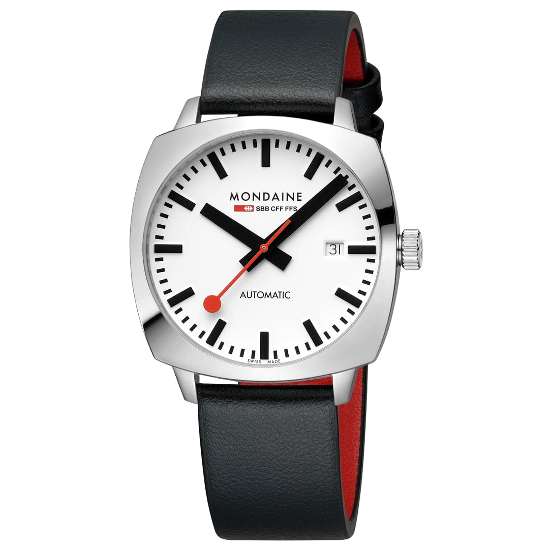 Mondaine Grand Cushion Automatic White Dial Black Leather Watch MSL.3961B.LBV
