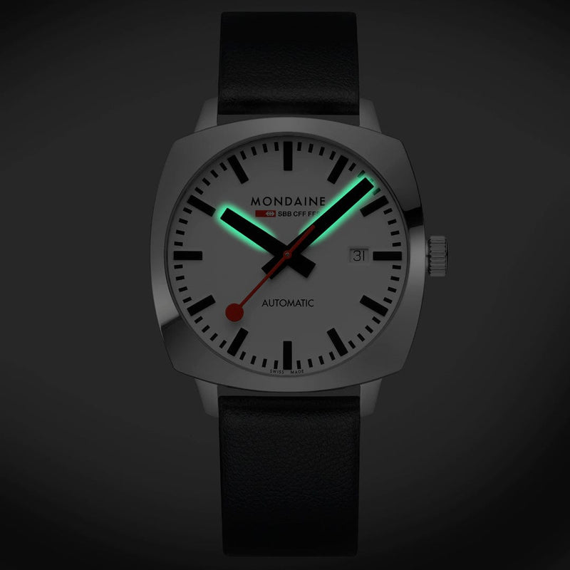 Mondaine Grand Cushion Automatic White Dial Black Leather Watch MSL.3961B.LBV