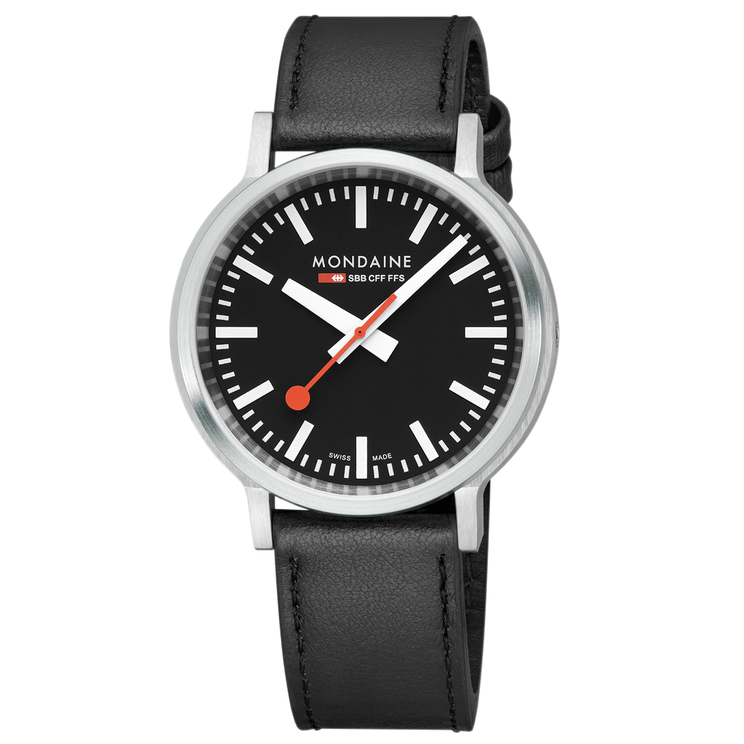 Sleek wristwatch with a black face, white markings, and red hands on a black leather strap.
