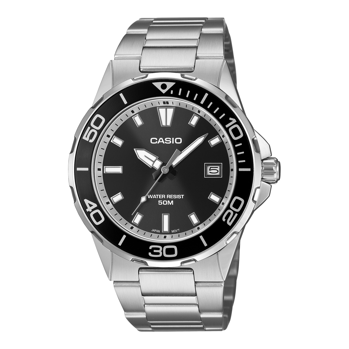 Casio MTD-145D-1A black dial with aluminium bezel on a steel bracelet, shown straight on.
