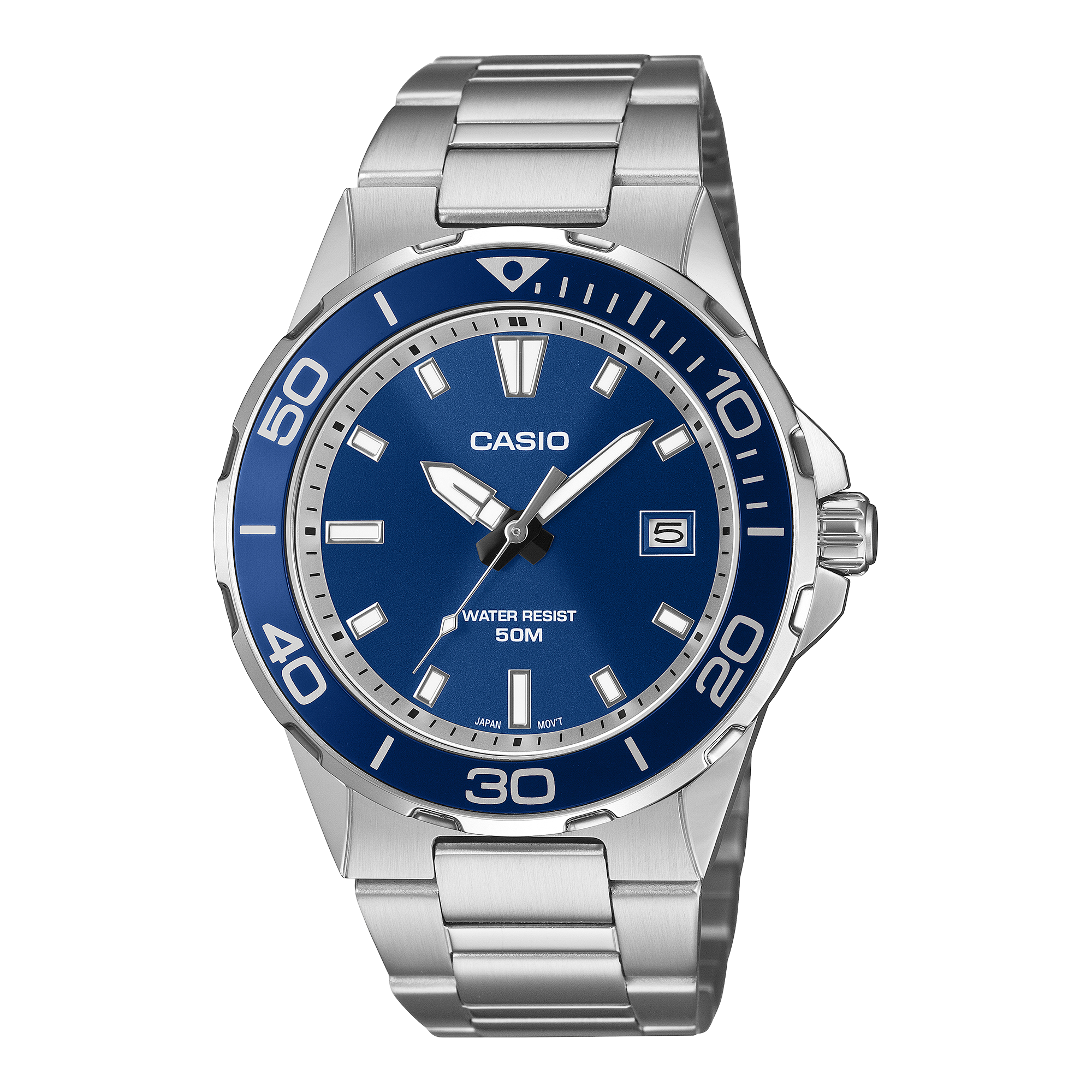 Casio MTD-145D-2A blue dial with aluminium bezel on a steel bracelet, shown straight on.