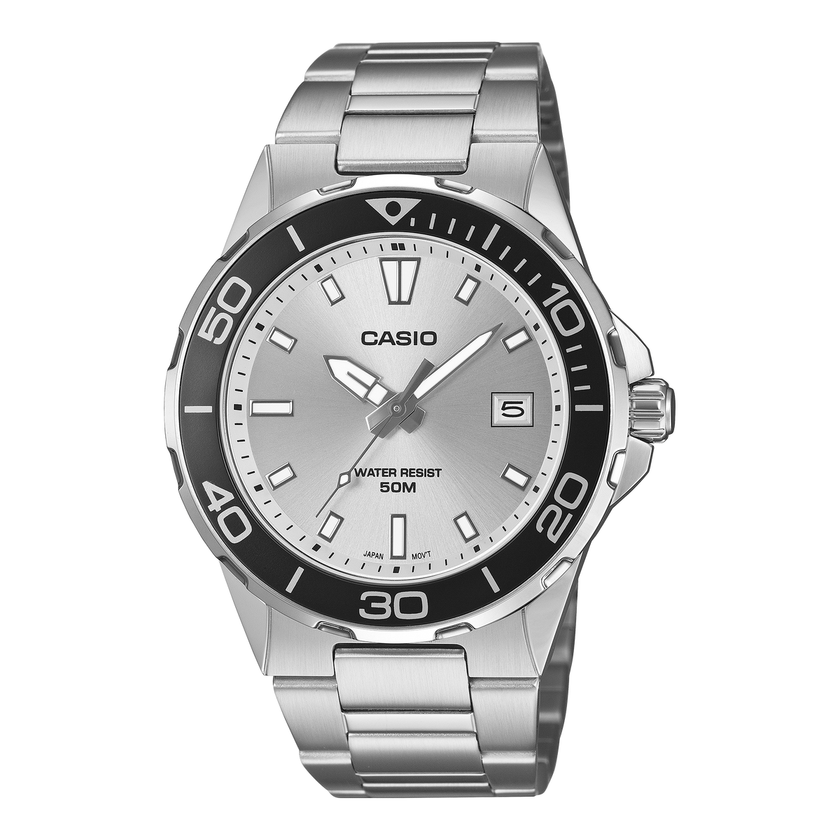 Casio MTD-145D-7A silver dial with aluminium bezel on a steel bracelet, shown straight on.