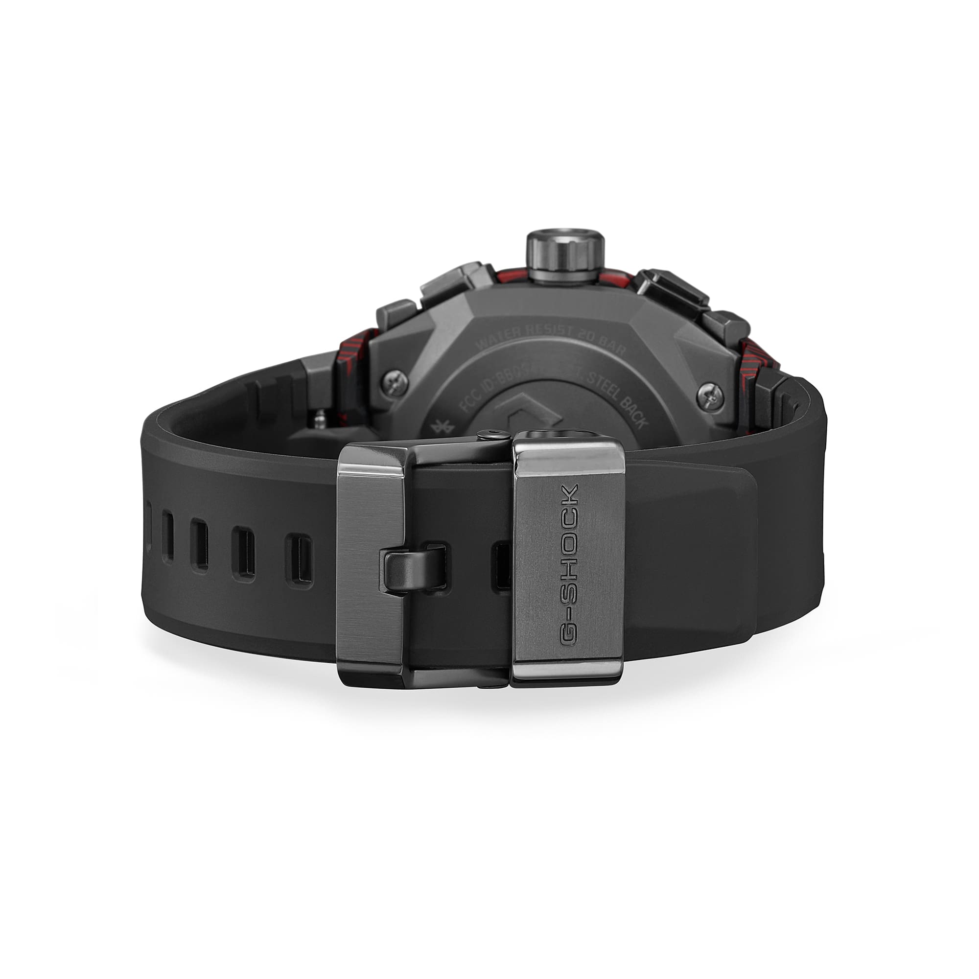 Detail view of the G-Shock MTGB4000B-1A bezel and crown.