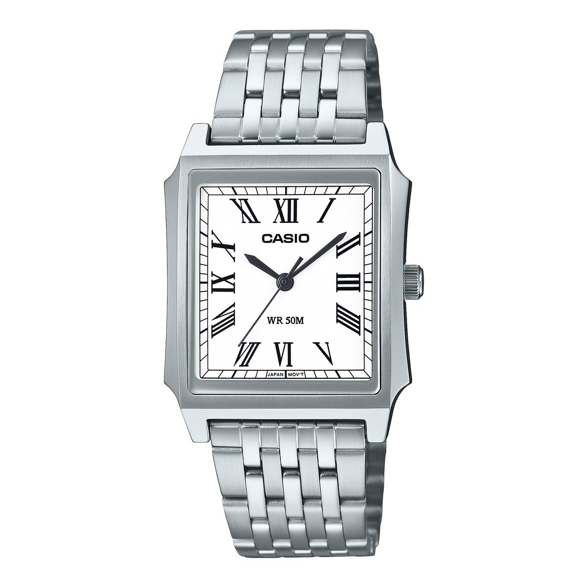 Casio MTP-B190D-7B men's watch with a white Roman numeral dial in a rectangular steel case on a steel bracelet, front view